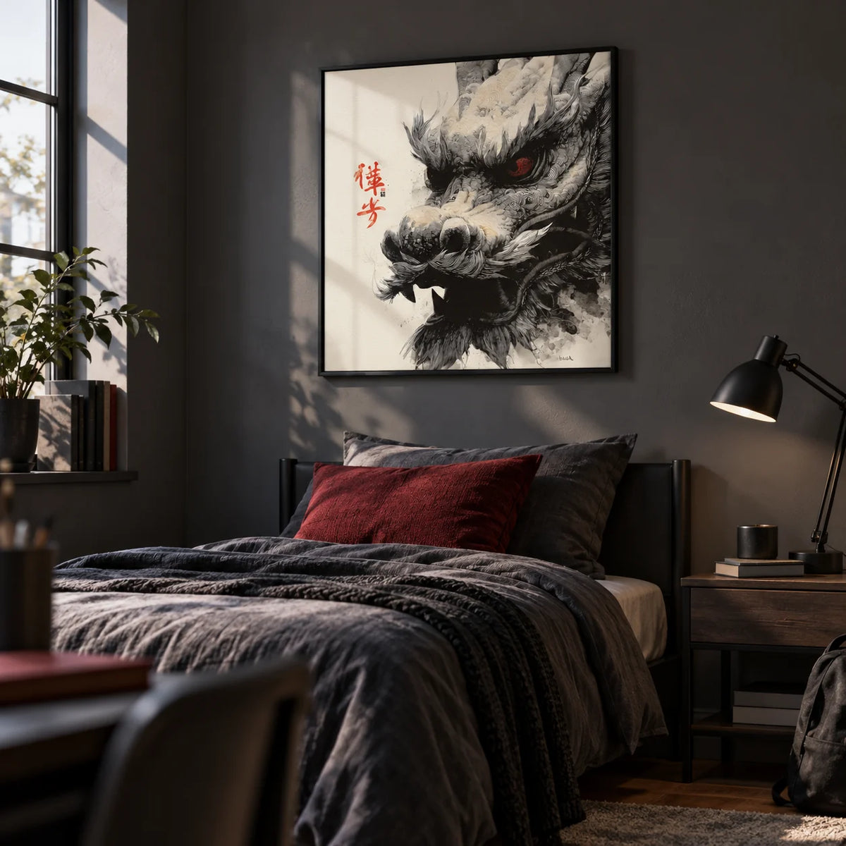 Dragon Head Print, framed on the wall of a stylish single bedroom for a teenage boy (14-17) with a dark grey wall