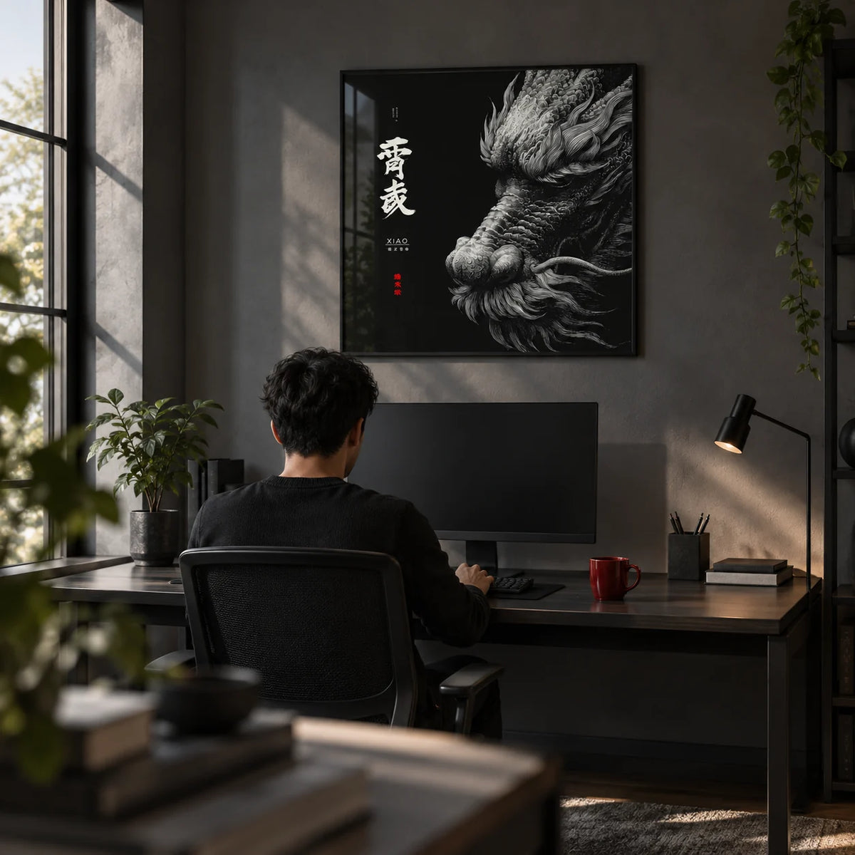 Dragon Wall Art, framed on the wall of a dark modern home office with a grey wall