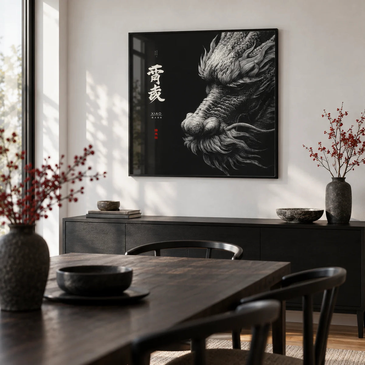 Dragon Wall Art, framed on the wall of a modern dining room with a white wall
