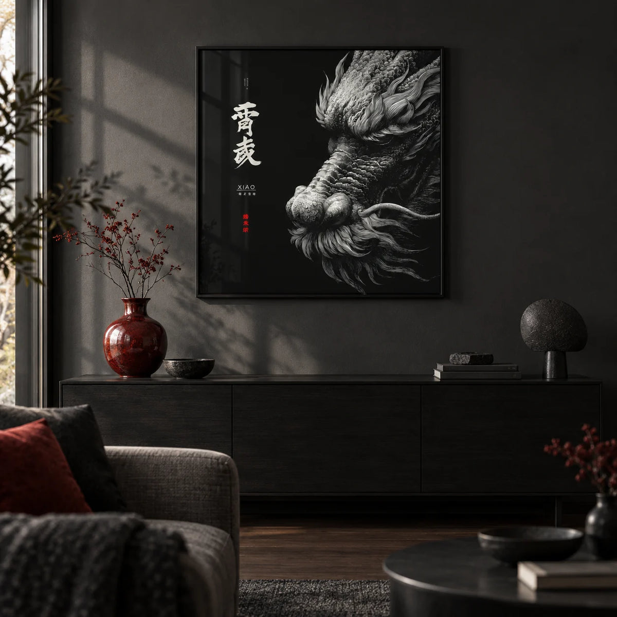 Dragon Wall Art, framed on the wall of a moody modern living room with a charcoal painted wall and a dark wood floor