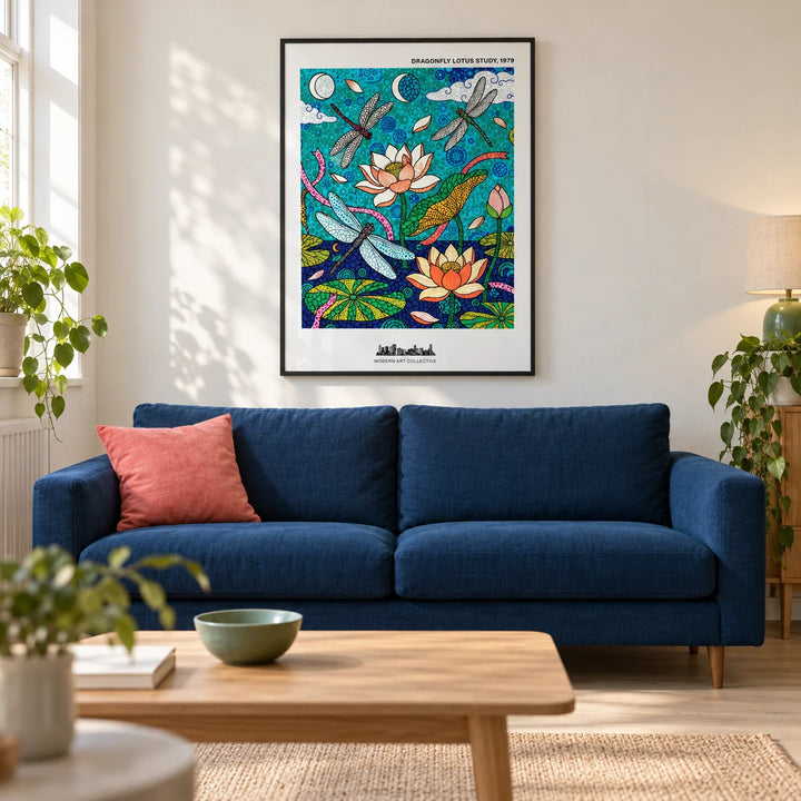 Dragonfly Lotus Art Print, framed on the wall of a contemporary living room in a UK terraced house with a warm white wall and pale oak floor