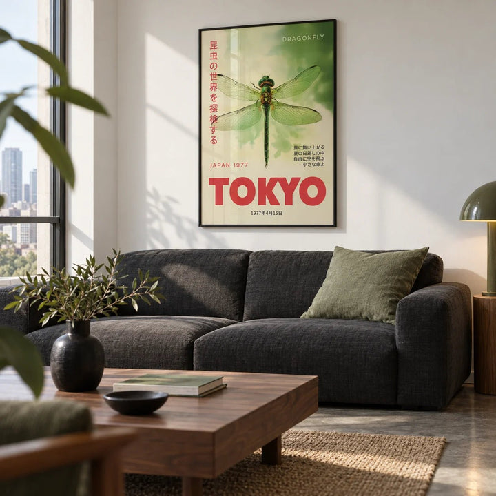 Dragonfly Wall Art, framed on the wall of a modern city apartment living room with clean lines