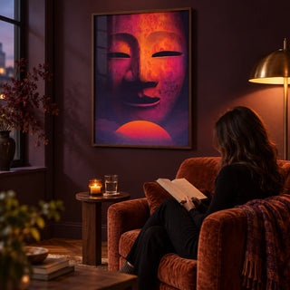 Dreamy Mask Wall Art, framed on the wall of a cosy reading nook in the evening with a dark plum wall in a living room