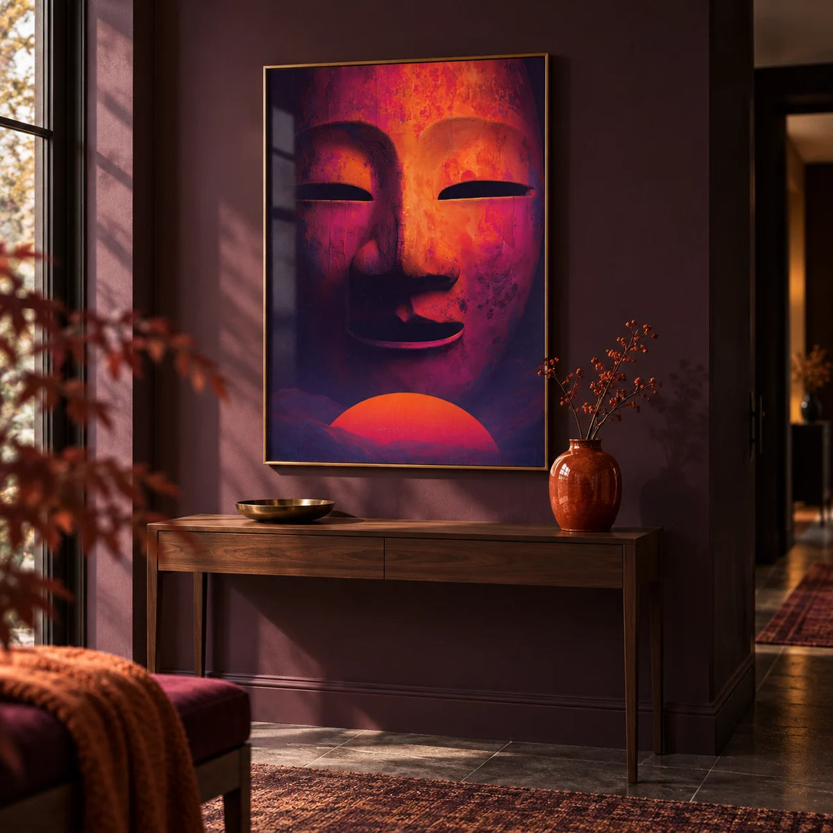 Dreamy Mask Wall Art, framed on the wall of a dark modern hallway with a deep aubergine wall