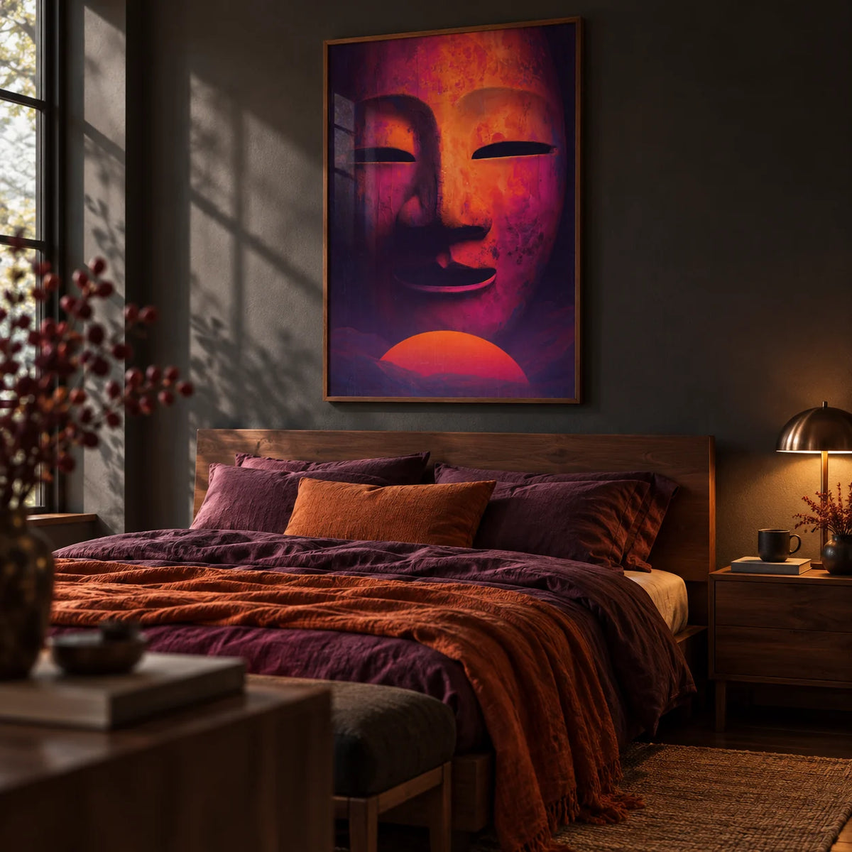 Dreamy Mask Wall Art, framed on the wall of a moody bedroom with a dark charcoal wall