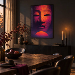 Dreamy Mask Wall Art, framed on the wall of a moody dining room with a charcoal wall