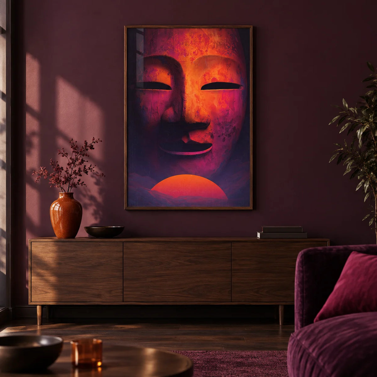 Dreamy Mask Wall Art, framed on the wall of a moody modern living room with a solid deep plum painted wall and a dark wood floor