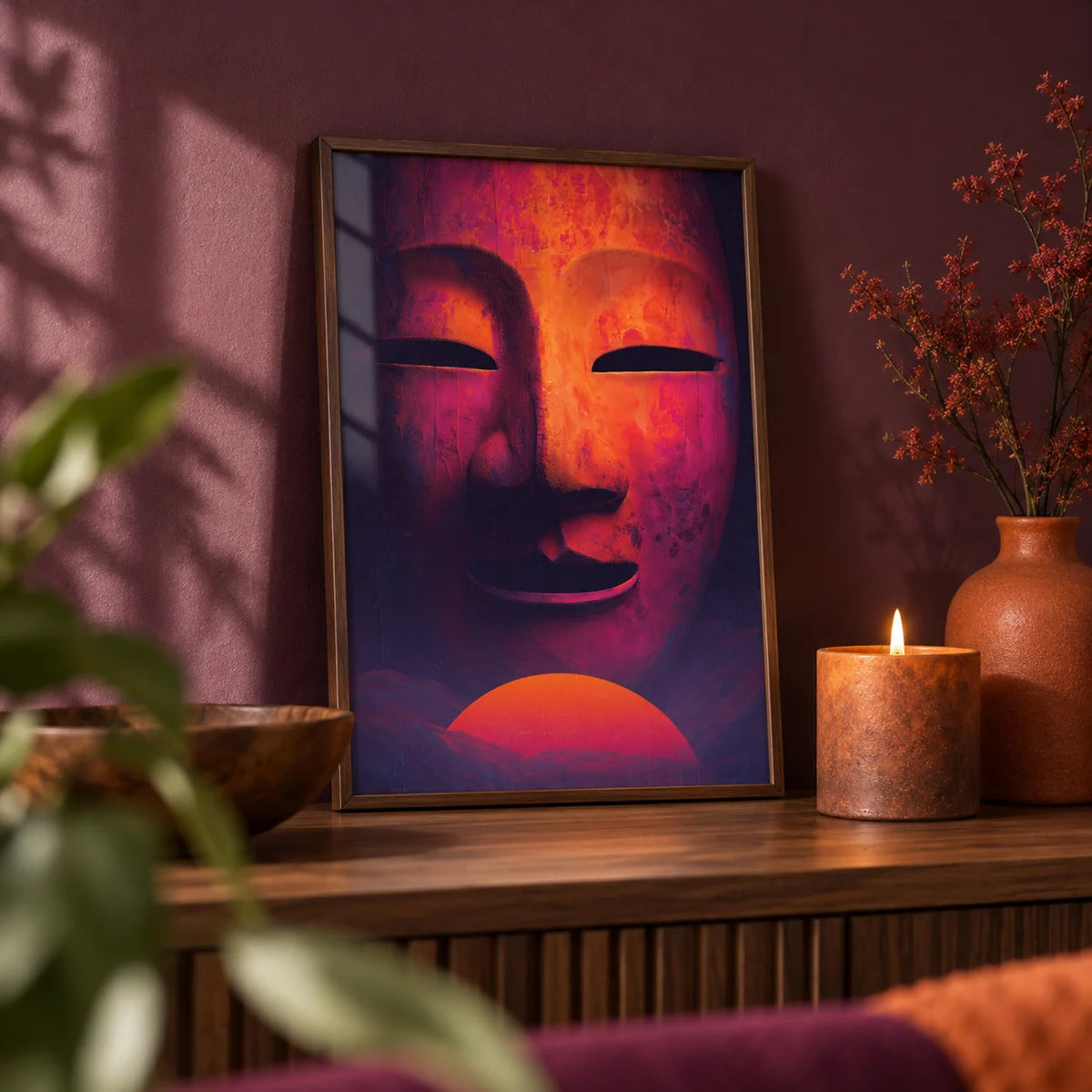 Dreamy Mask Wall Art, a small A4 framed print leaning on a walnut shelf in a living room