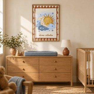 Moon And Sun Print, framed on the wall of a warm folk-inspired nursery in a UK terraced home with cream plaster walls and an oak floor