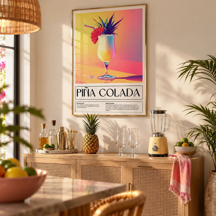 Drink Wall Art, framed on the wall of a bright home bar corner in a living room