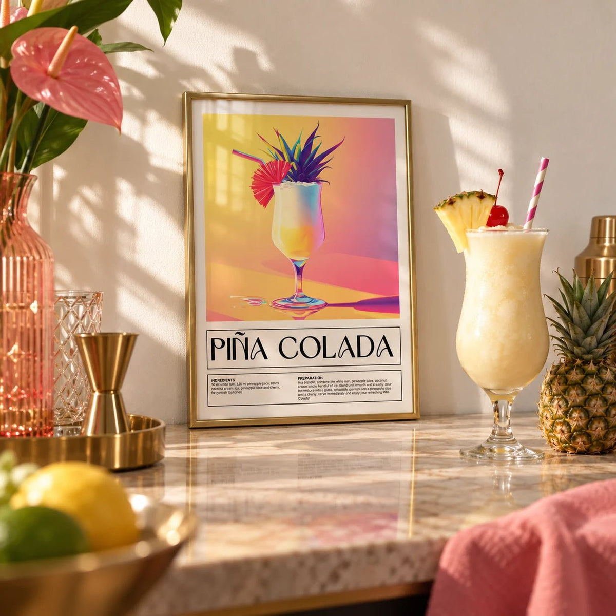 Drink Wall Art, a small A4 framed print leaning on a shelf in a kitchen
