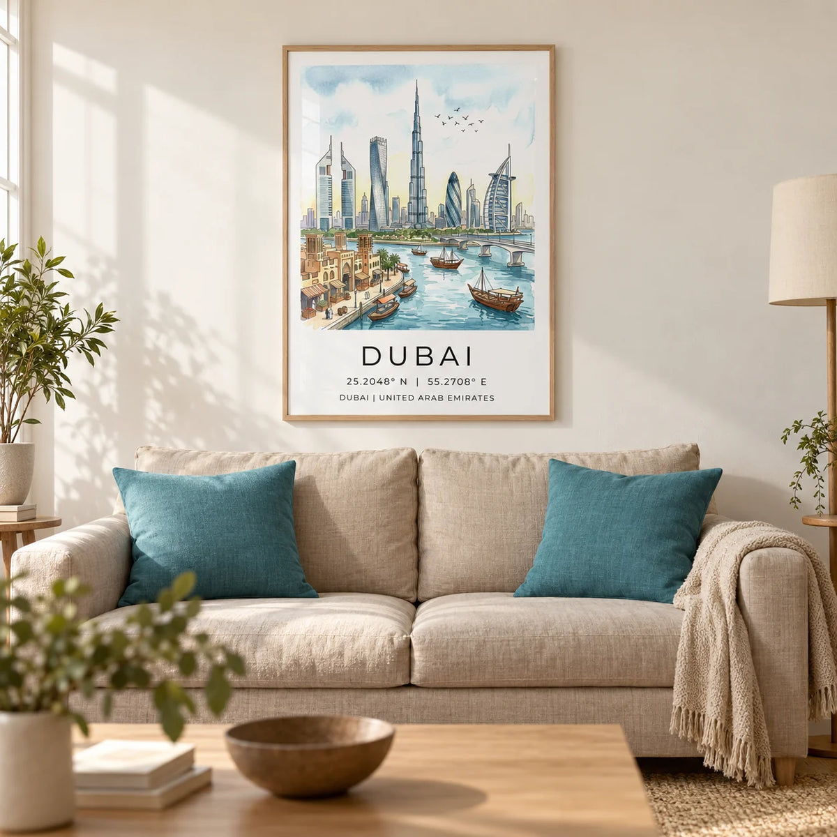 Dubai Skyline Wall Art, framed on the wall of a calm living room in a UK city flat with warm white plaster walls and a pale oak floor