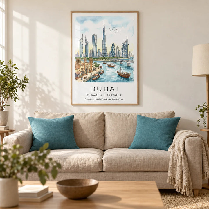 Dubai Skyline Wall Art, framed on the wall of a calm living room in a UK city flat with warm white plaster walls and a pale oak floor