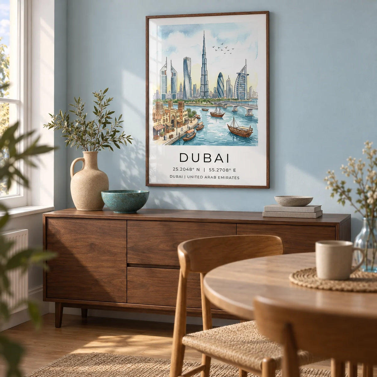 Dubai Skyline Wall Art, framed on the wall of a compact dining nook in a UK apartment with a pale blue painted wall and warm oak flooring