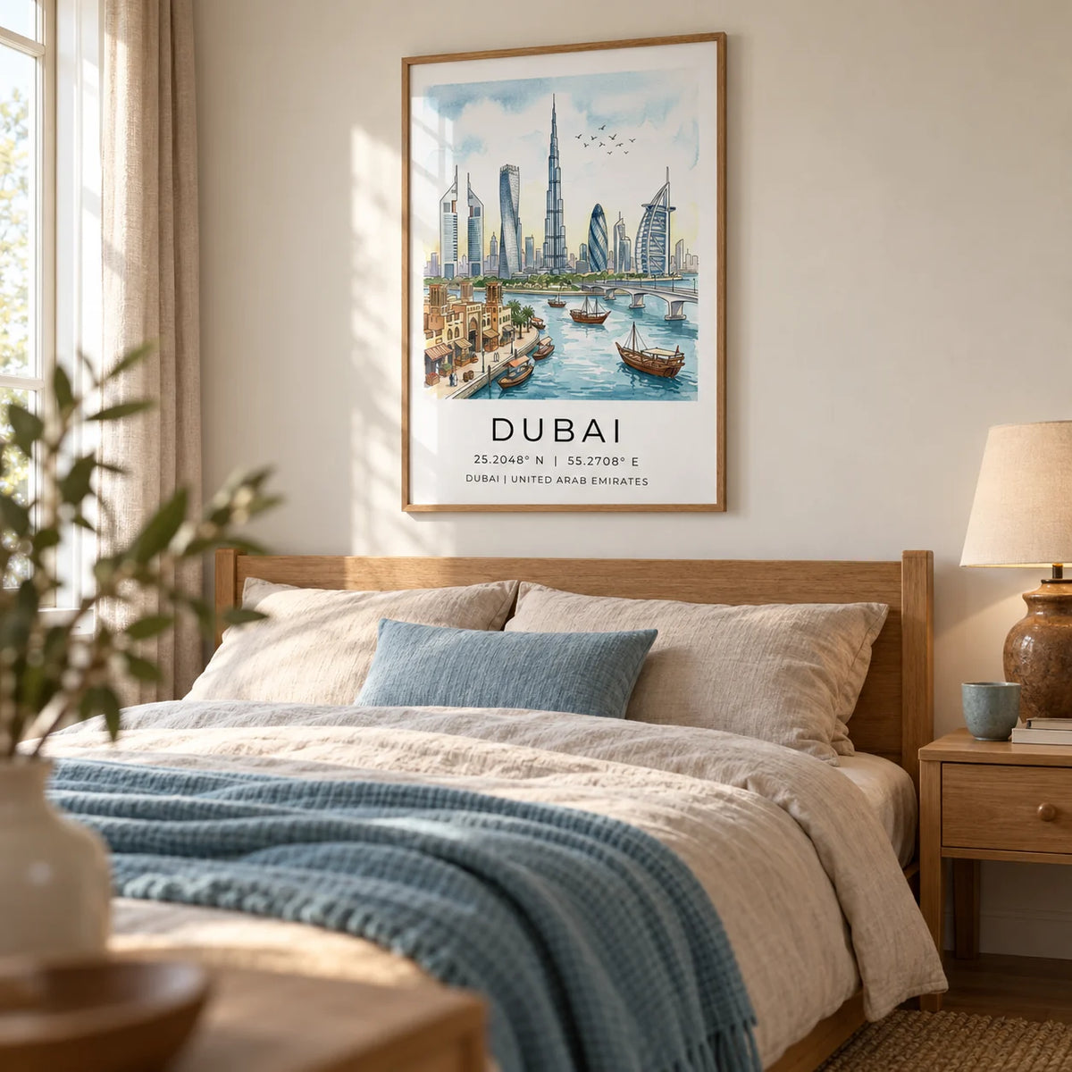 Dubai Skyline Wall Art, framed on the wall of a restful bedroom in a UK home with a warm white wall and simple oak furniture