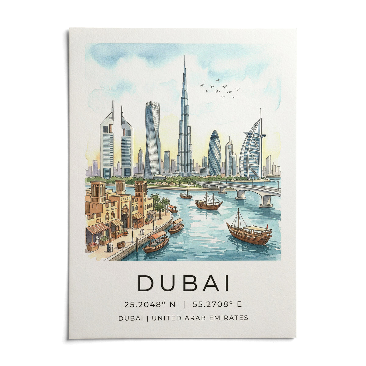 Dubai Skyline Wall Art, shown as an unframed paper print on a plain white background