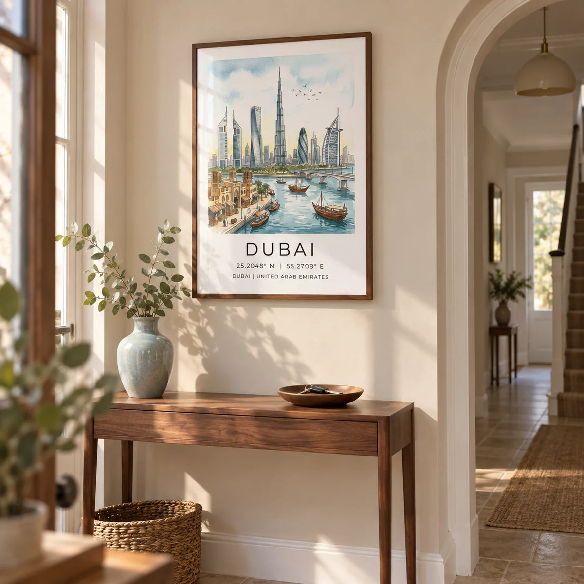 Dubai Skyline Wall Art, framed on the wall of a welcoming hallway in a renovated UK terraced house with a pale sandy wall and limestone floor