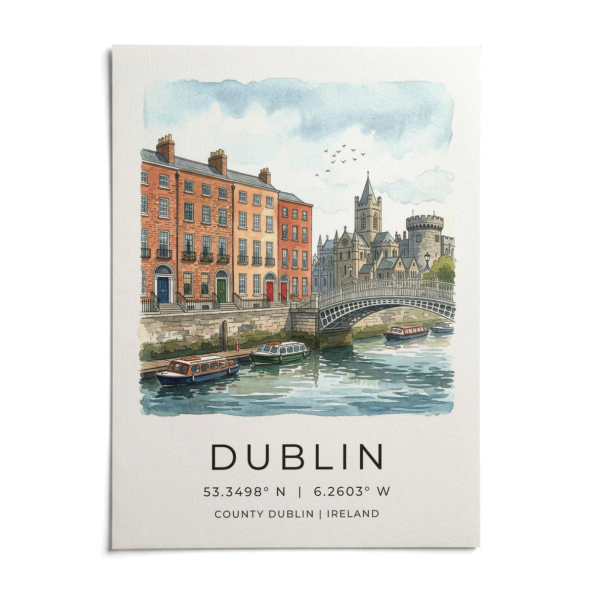 Dublin City Art Print, shown as an unframed paper print on a plain white background