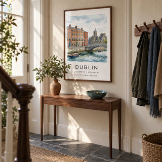 Dublin City Art Print, framed on the wall of a welcoming hallway in a UK period maisonette with pale stone walls