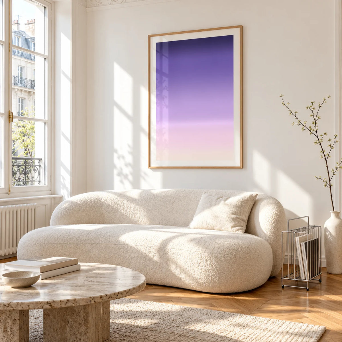Dusk Wall Art, framed on the wall of a bright living room corner