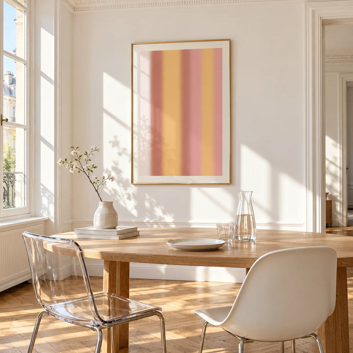 Dusty Pink Wall Art, framed on the wall of a bright dining corner