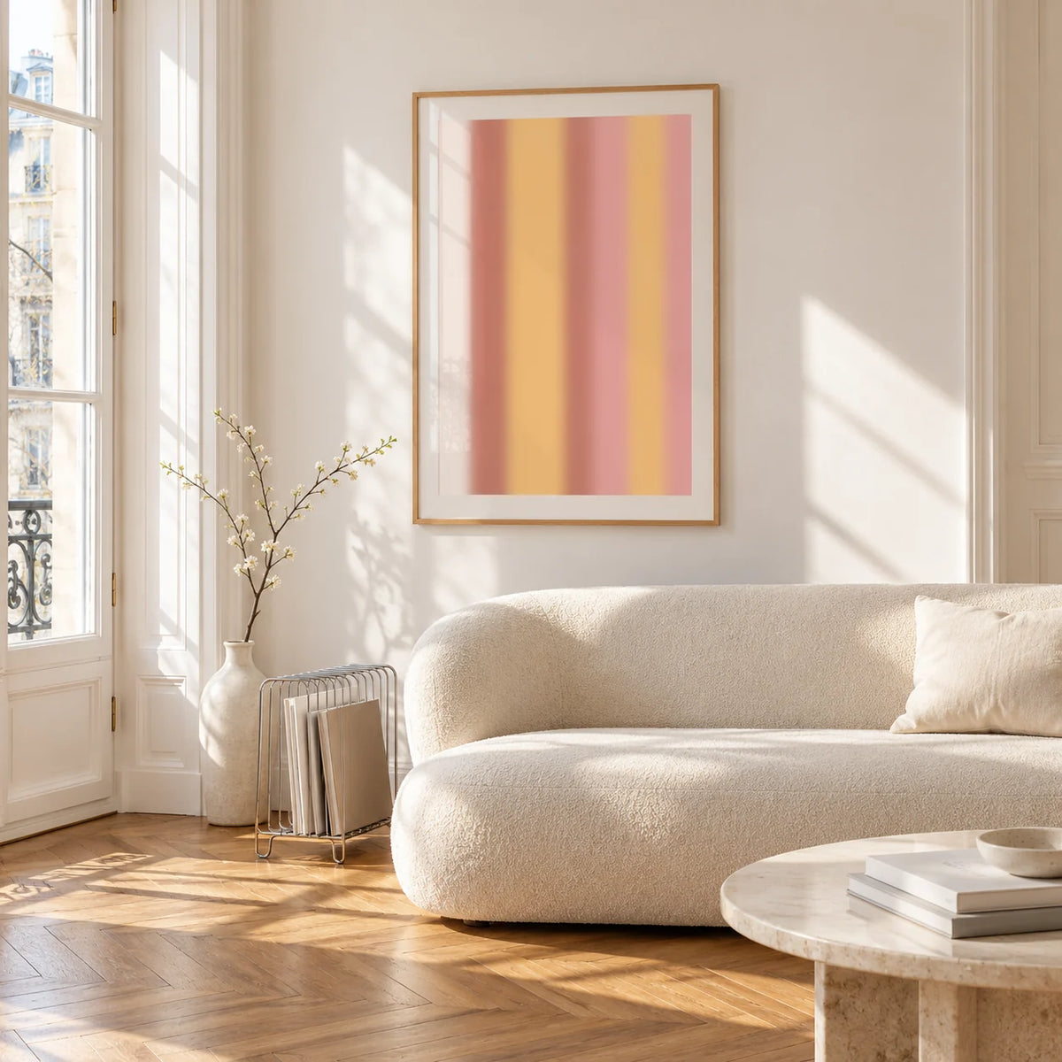 Dusty Pink Wall Art, framed on the wall of a bright living room corner