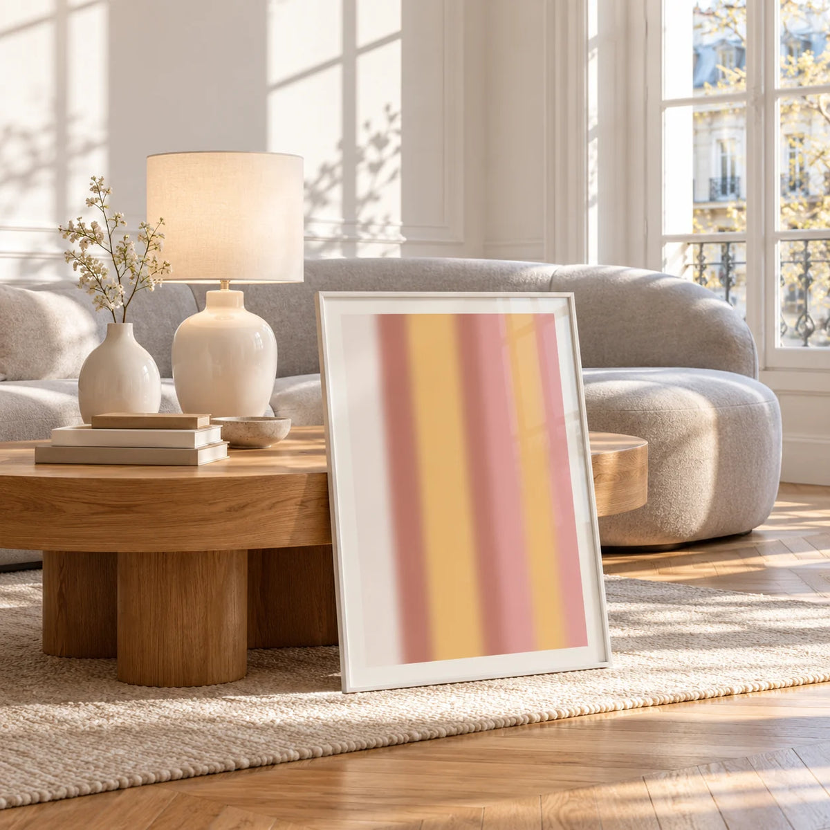 Dusty Pink Wall Art, framed and leaning against a coffee table in a bright living room