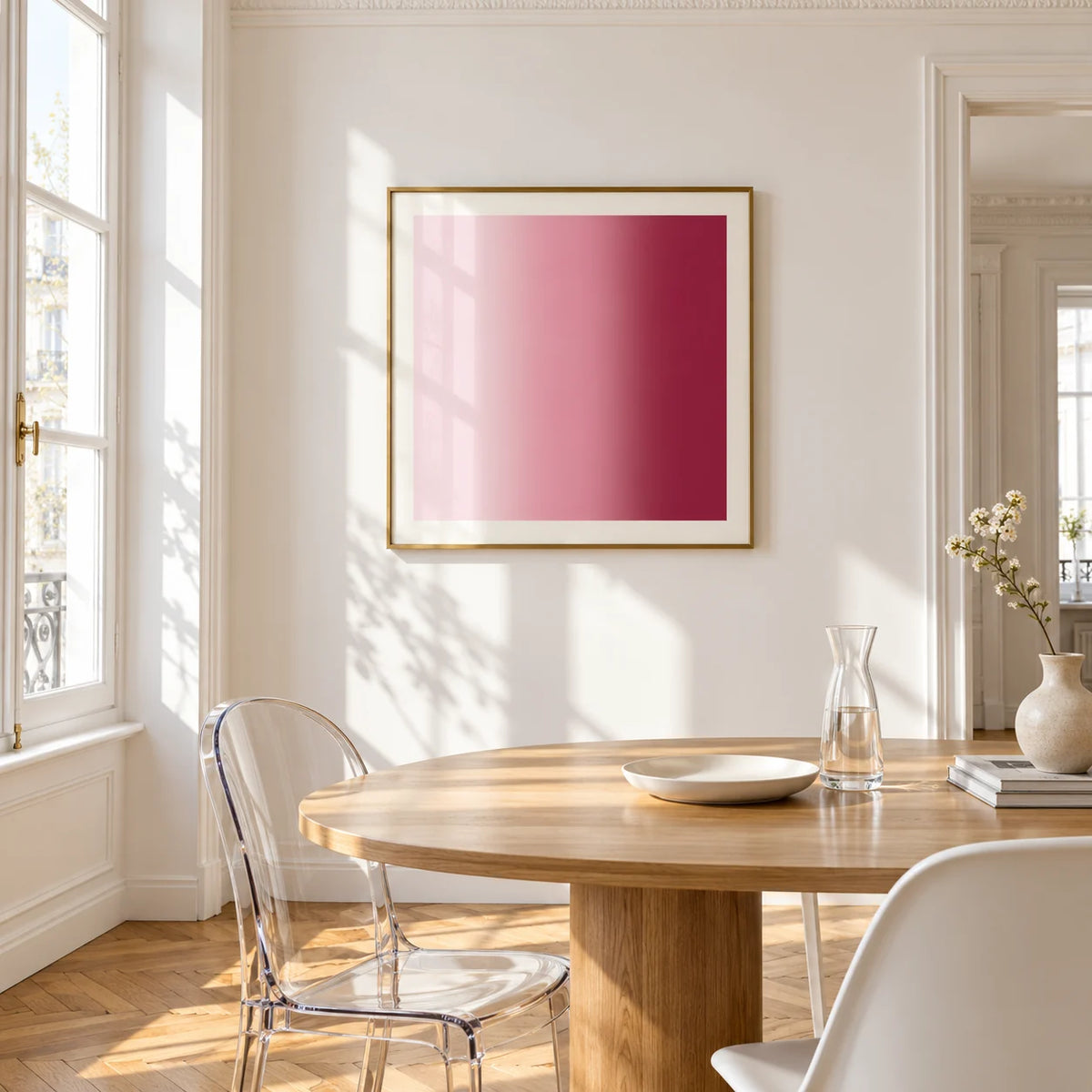 Dusty Rose Wall Art, framed on the wall of a bright dining corner