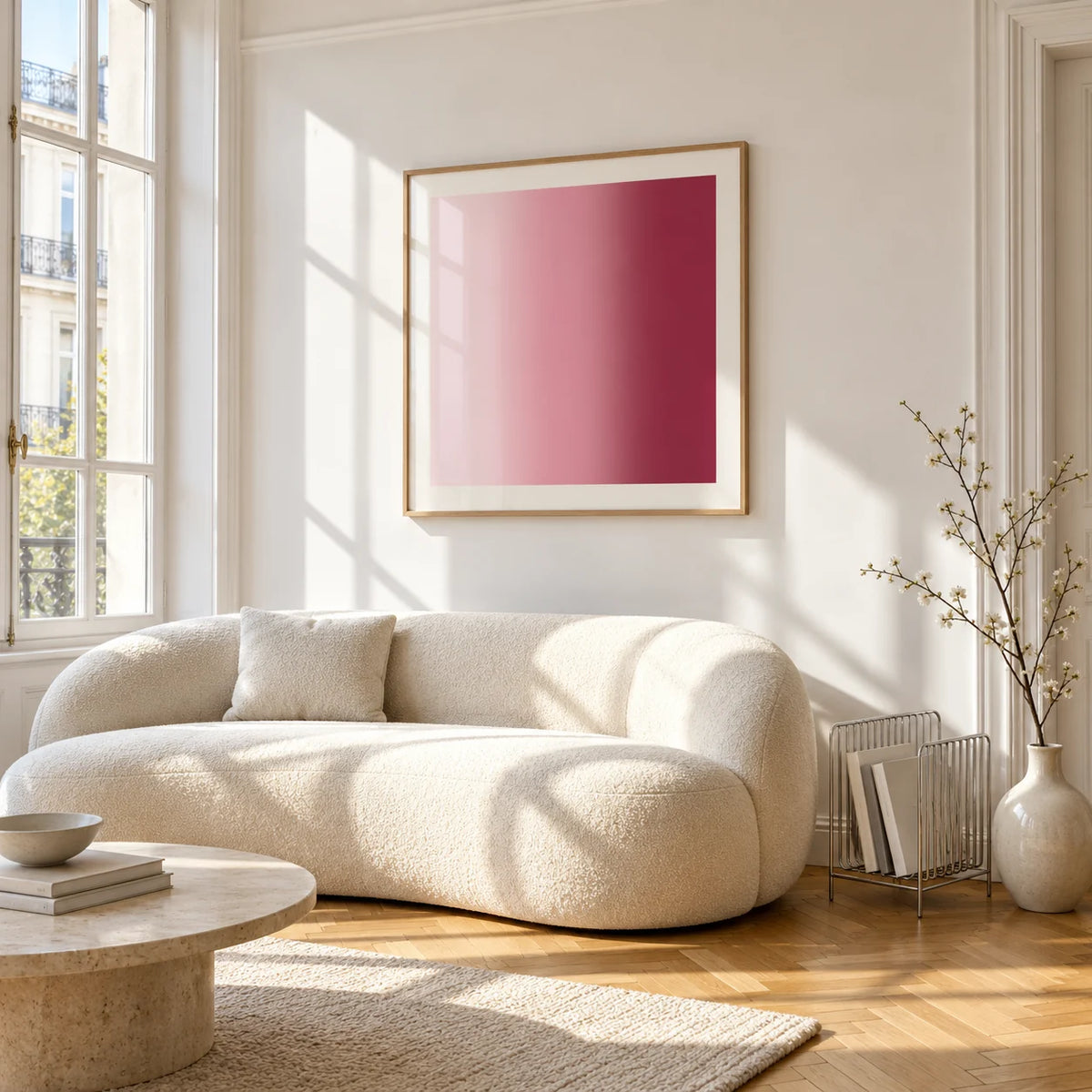 Dusty Rose Wall Art, framed on the wall of a bright living room corner