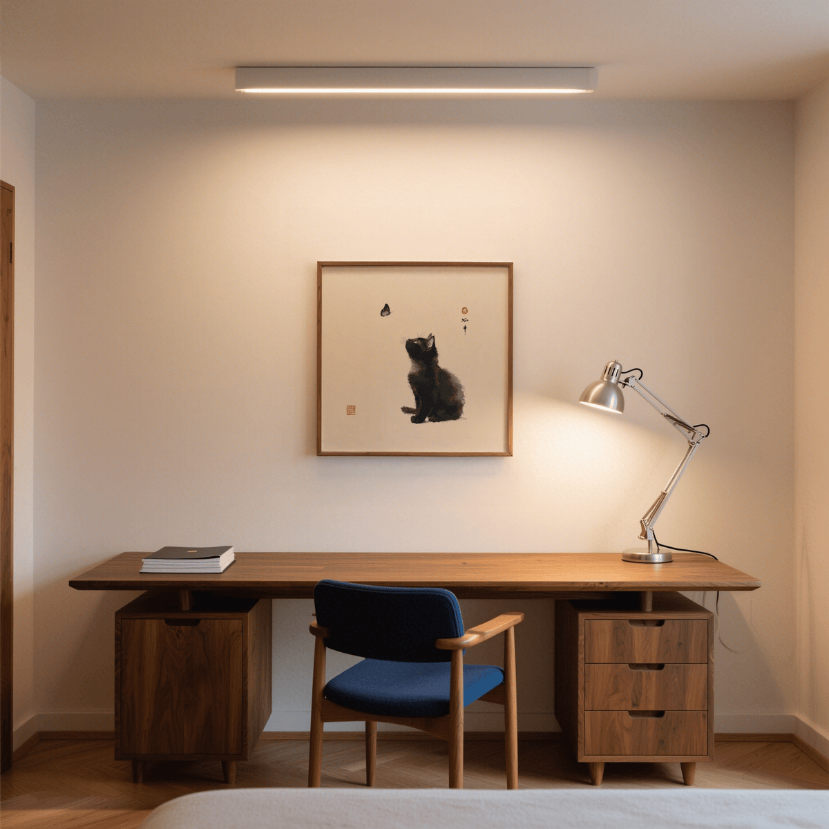 Framed Butterfly Cat Poster in Japanese-ink style above a wooden desk with a blue chair and a silver lamp