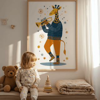 Giraffe Music Art Print framed print of a giraffe playing trumpet in orange and blue above a bench with a child and soft toys