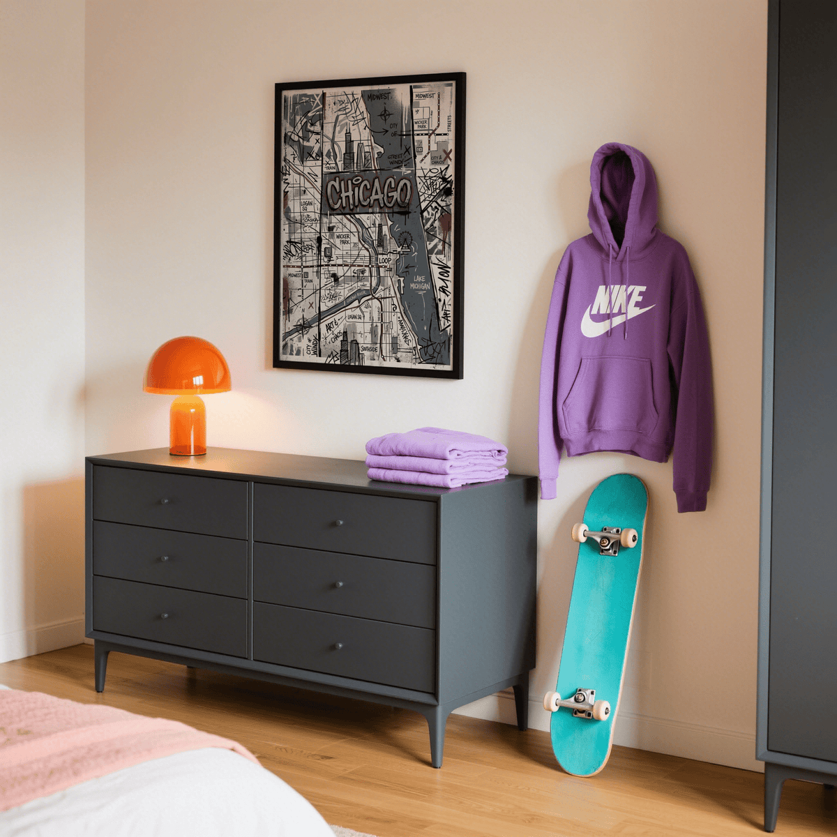 Chicago Street Art print on a wall in a bedroom above a dark grey dresser with an orange lamp