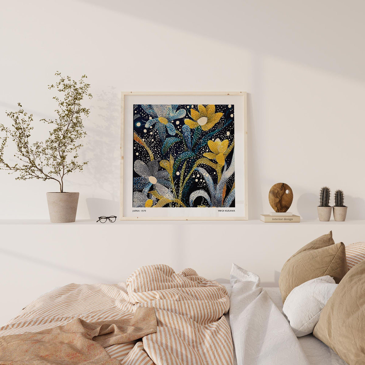 Dark floral wall art leaning on a shelf with plants and cushions nearby
