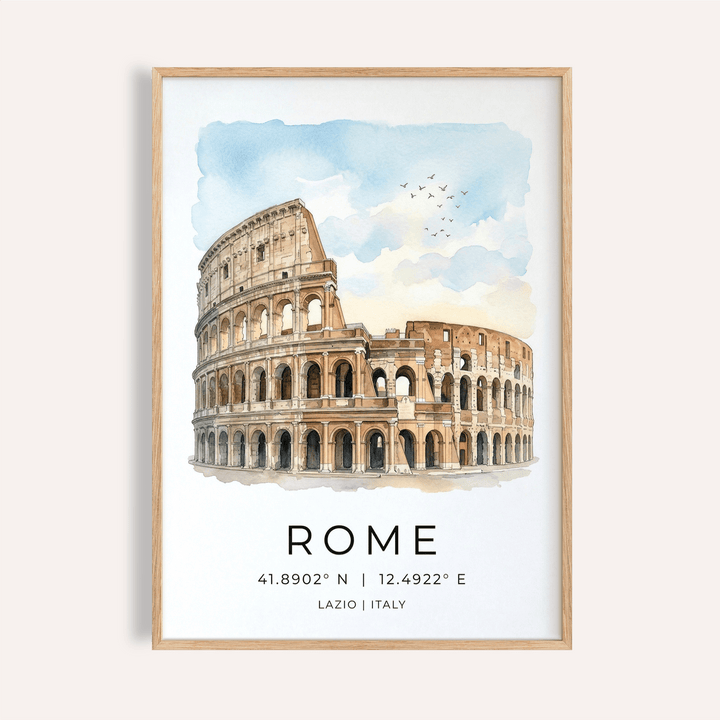 Framed Rome Colosseum Art Print with a watercolour illustration and text below in a simple setting