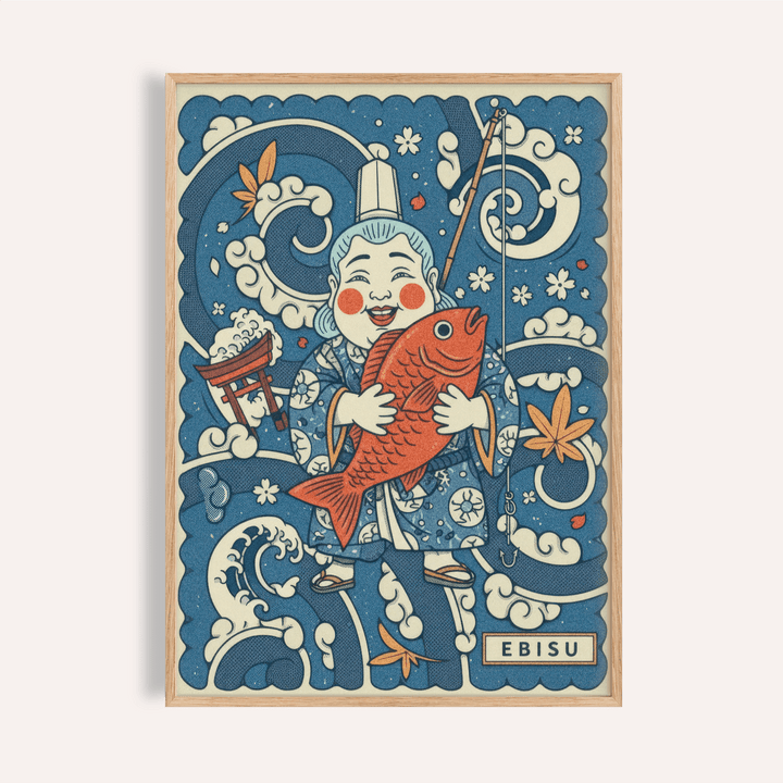 Japanese Ebisu wall art close-up showing Ebisu holding a red fish with blue and cream Japanese-ink style background