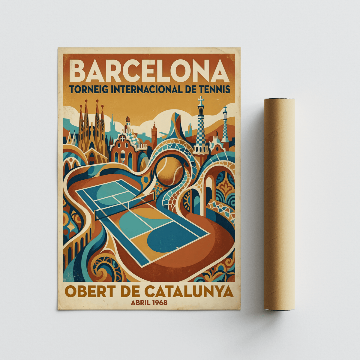 Barcelona Tennis Poster vintage style tennis court with ball and blue and brown colours beside packaging tube