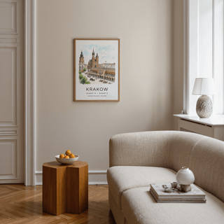 Krakow Cityscape wall art of old town buildings in watercolour above a wooden side table in a living room