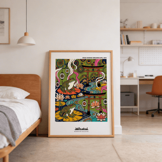 Japanese Frog Art Print leaning on a floor beside a bed in a bedroom setting