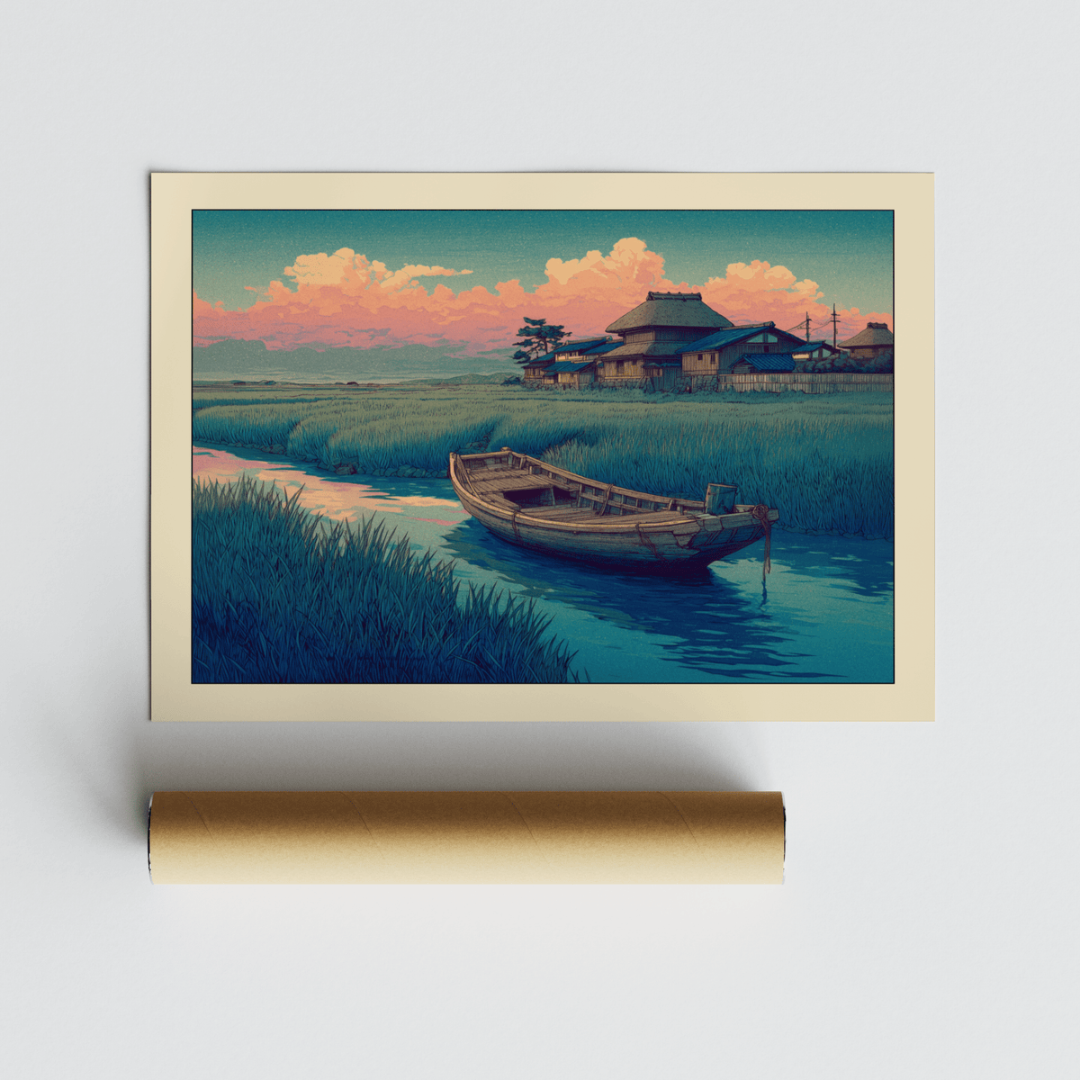 Roll and print of Hasui Kawase River Boat illustration with wooden boat on river and pink clouds