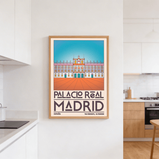 Madrid Royal Palace Poster illustrated with bright orange and blue colours hanging in a modern kitchen