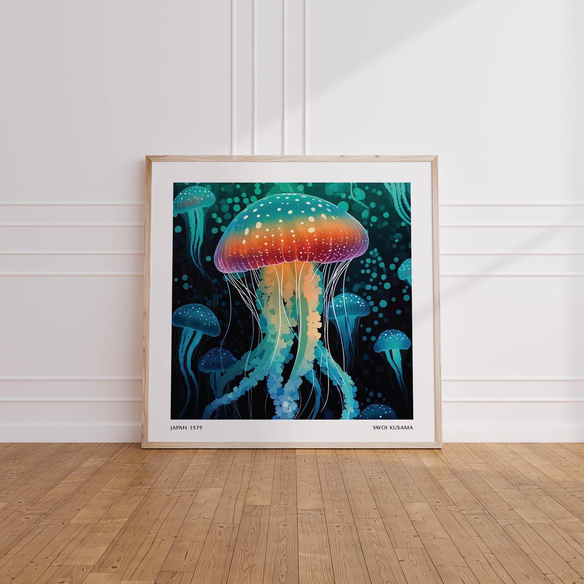 Art Unique Wall print of a rainbow jellyfish in bright vibrant colours leaning on a wooden floor