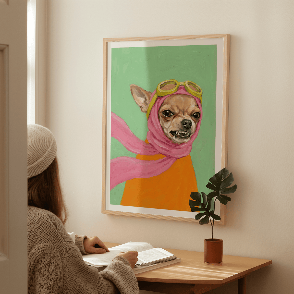 Funny Dog Art print with Pink, Orange, and Green accents for hallway