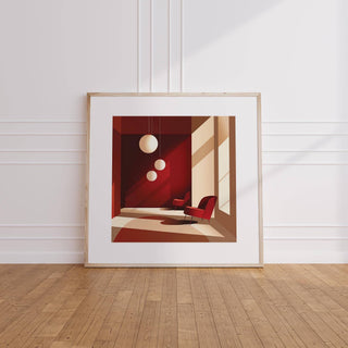Framed Architectural Interior Art print leaning on floor with wood floor and white wall