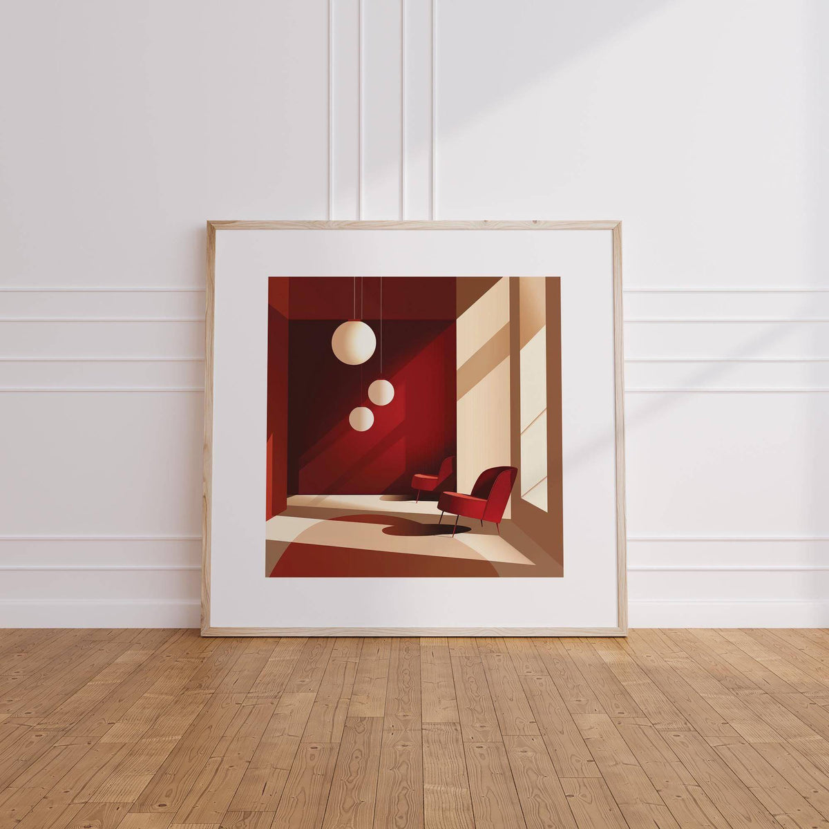 Framed Architectural Interior Art print leaning on floor with wood floor and white wall