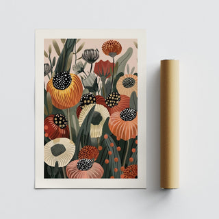 Burnt orange wall art of abstract orange and cream flowers with a brown packaging tube