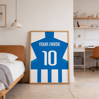 Print leaning with blue and white striped football shirt and number 10 in a bedroom