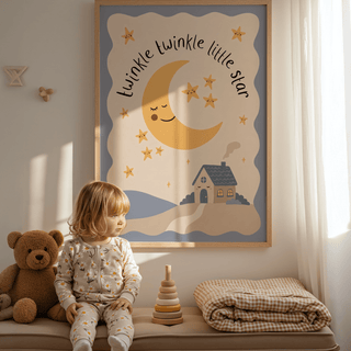 Print leaning on a shelf showing a crescent moon and stars in soft yellow and blue with a child and teddy bear nearby