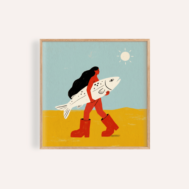 Framed Woman Carrying Fish Print minimalist illustration with red, yellow and blue colours