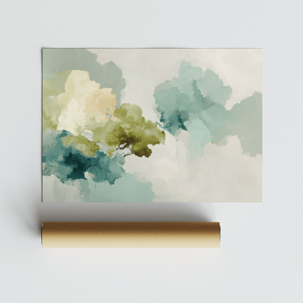 Abstract Tree Art Print showing watercolour foliage in blue and green hues with packaging tube