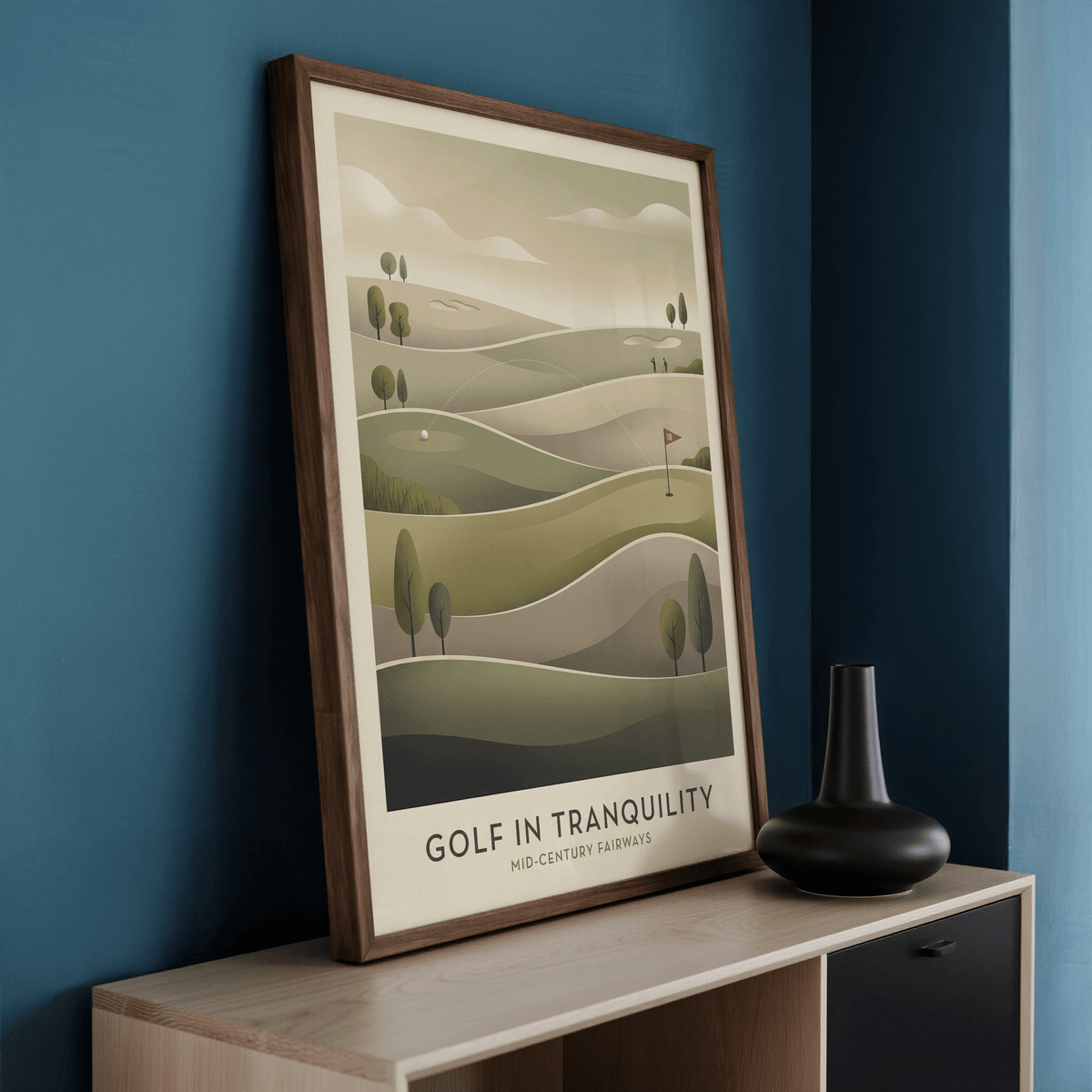 Print leaning on a light wood cabinet of a golf course landscape in muted green and beige tones with a dark vase nearby